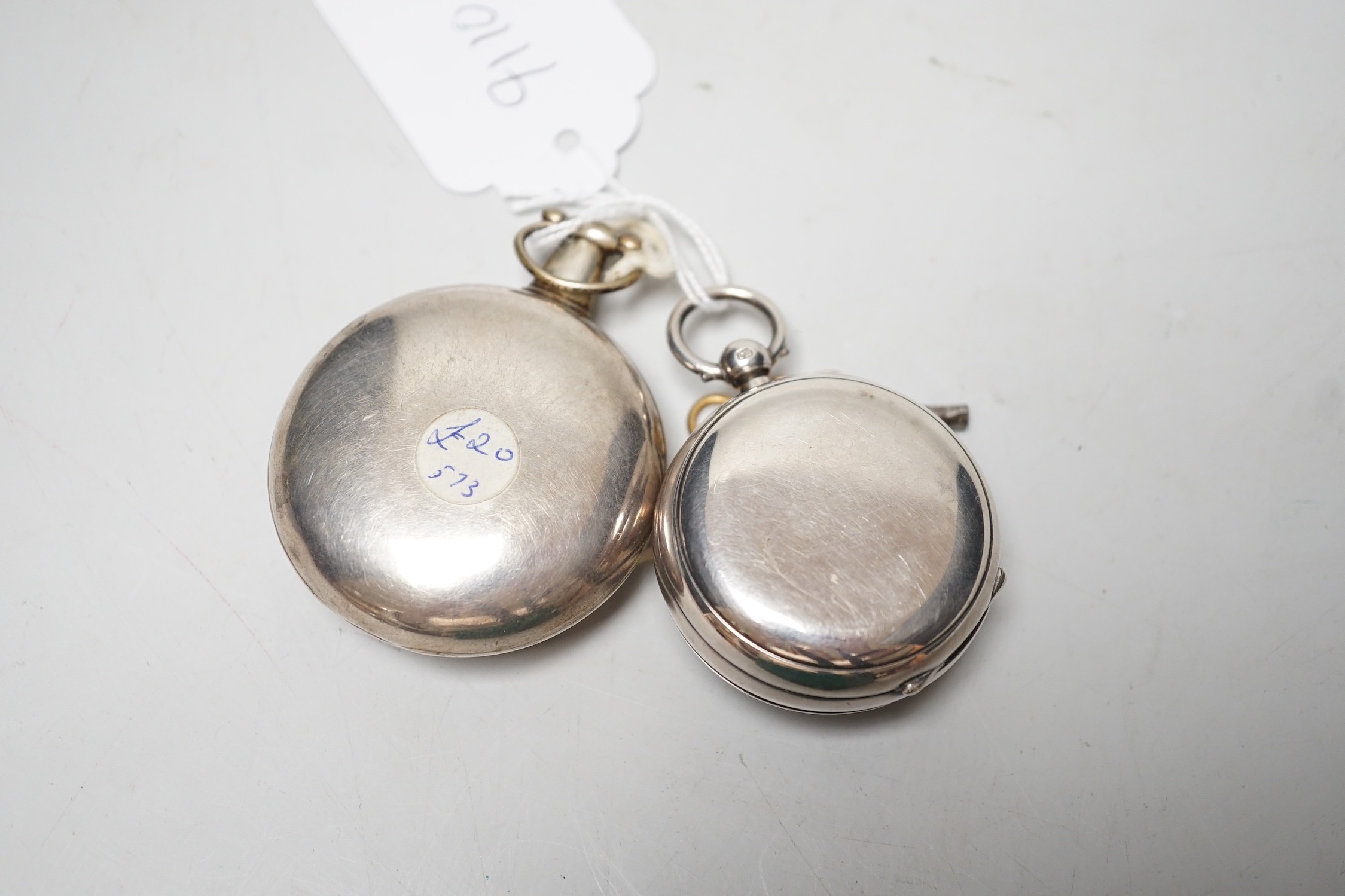 A 19th century silver keywind verge pocket watch, by Ralph Glover, Hyde Park Corner and a 19th century silver half hunter keywind verge pocket watch by Rob. Goldsmith, Liverpool.